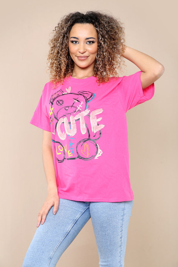 Ladies Oversized Cute Teddy Bear Slogan T-Shirt - Short Sleeve Printed Top