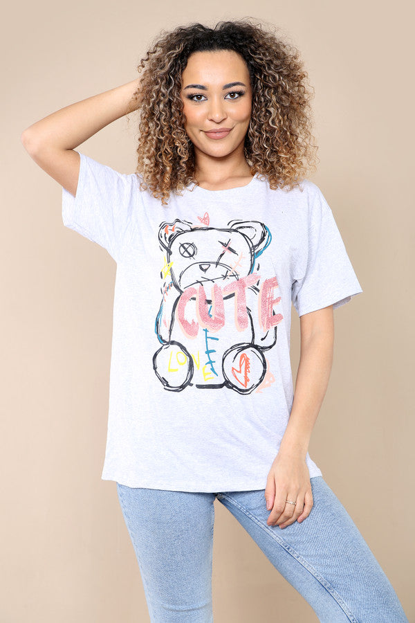 Ladies Oversized Cute Teddy Bear Slogan T-Shirt - Short Sleeve Printed Top