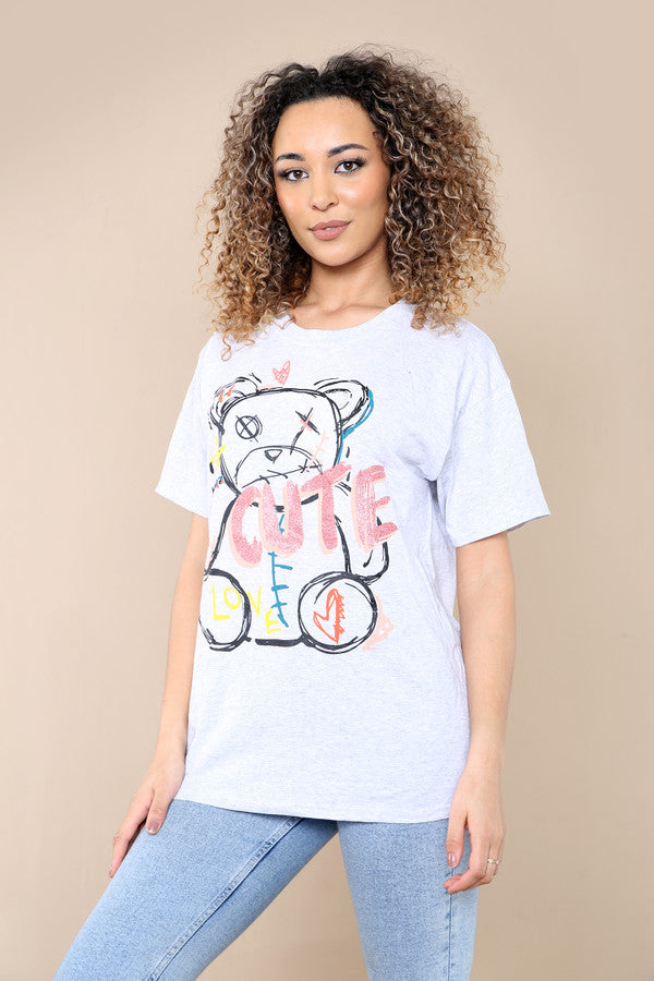Ladies Oversized Cute Teddy Bear Slogan T-Shirt - Short Sleeve Printed Top