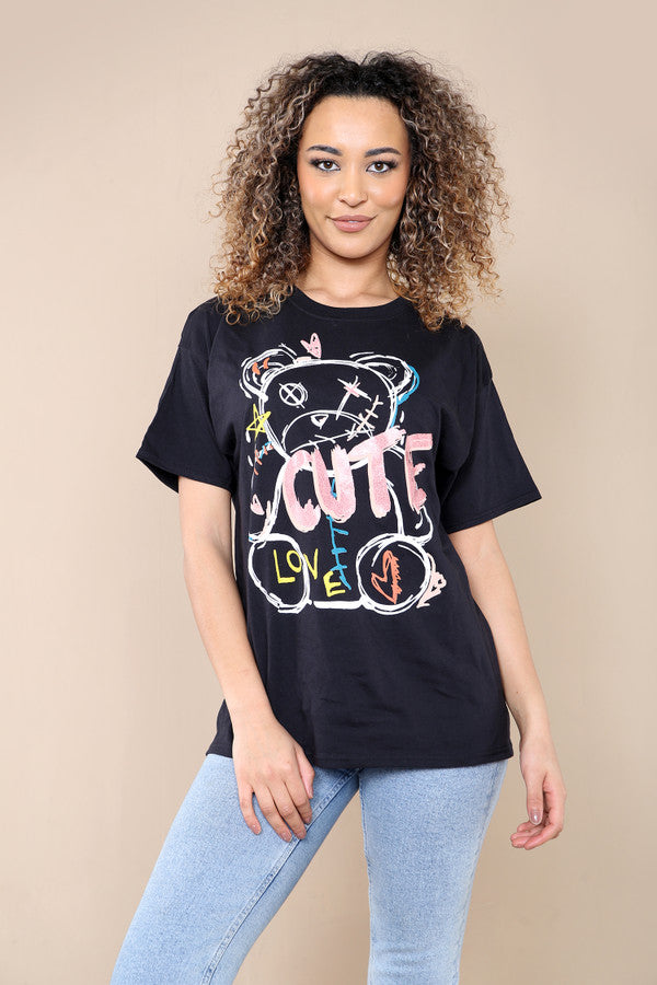 Ladies Oversized Cute Teddy Bear Slogan T-Shirt - Short Sleeve Printed Top