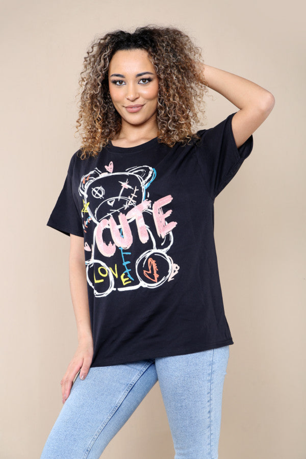 Ladies Oversized Cute Teddy Bear Slogan T-Shirt - Short Sleeve Printed Top