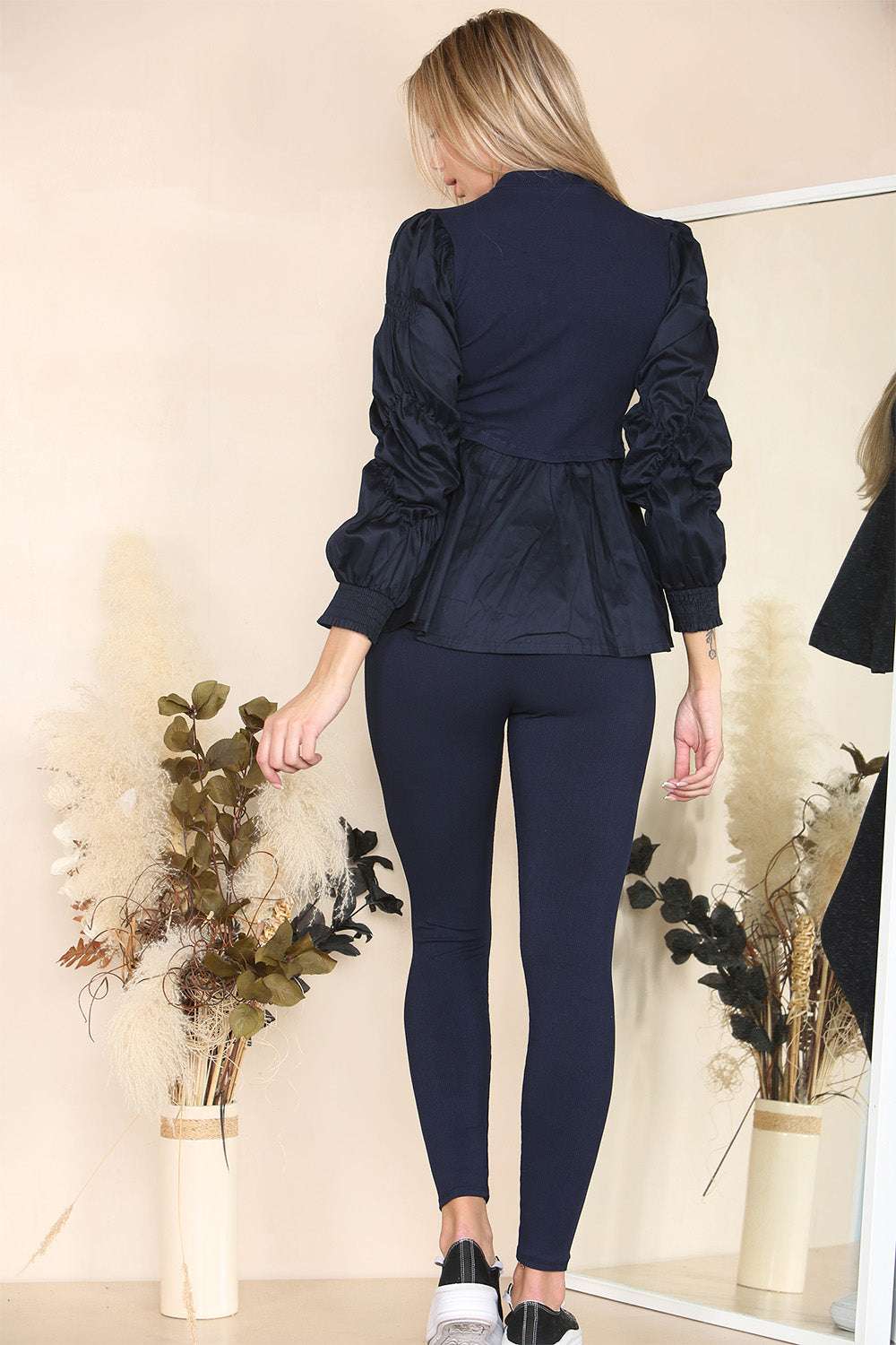 Ladies Ribbed Peplum Loungewear Set - Ruched Sleeves Diamond Button Detail