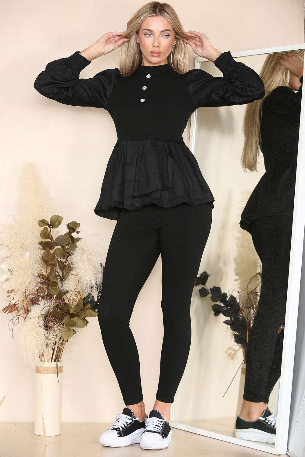 Ladies Ribbed Peplum Loungewear Set - Ruched Sleeves Diamond Button Detail