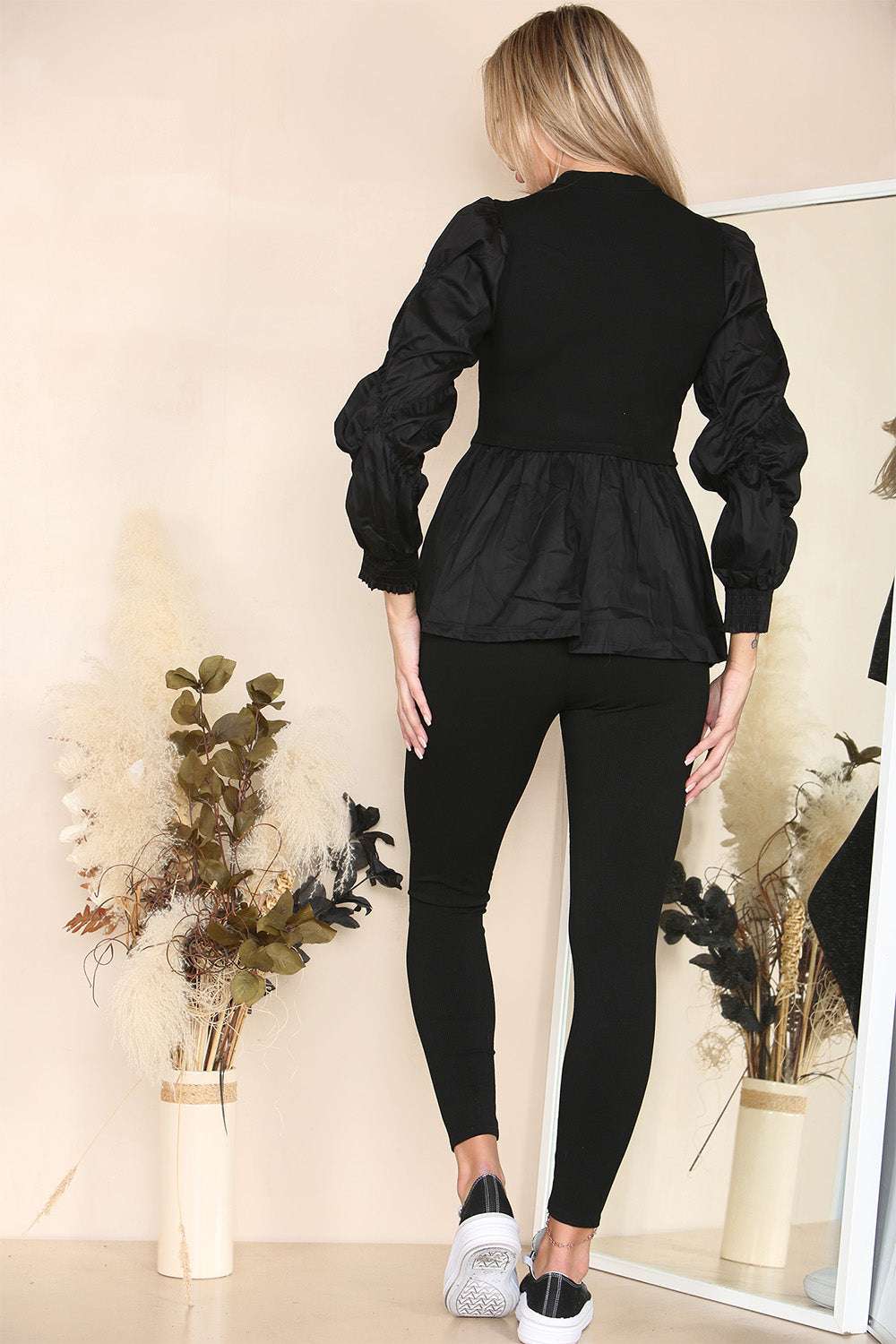 Ladies Ribbed Peplum Loungewear Set - Ruched Sleeves Diamond Button Detail