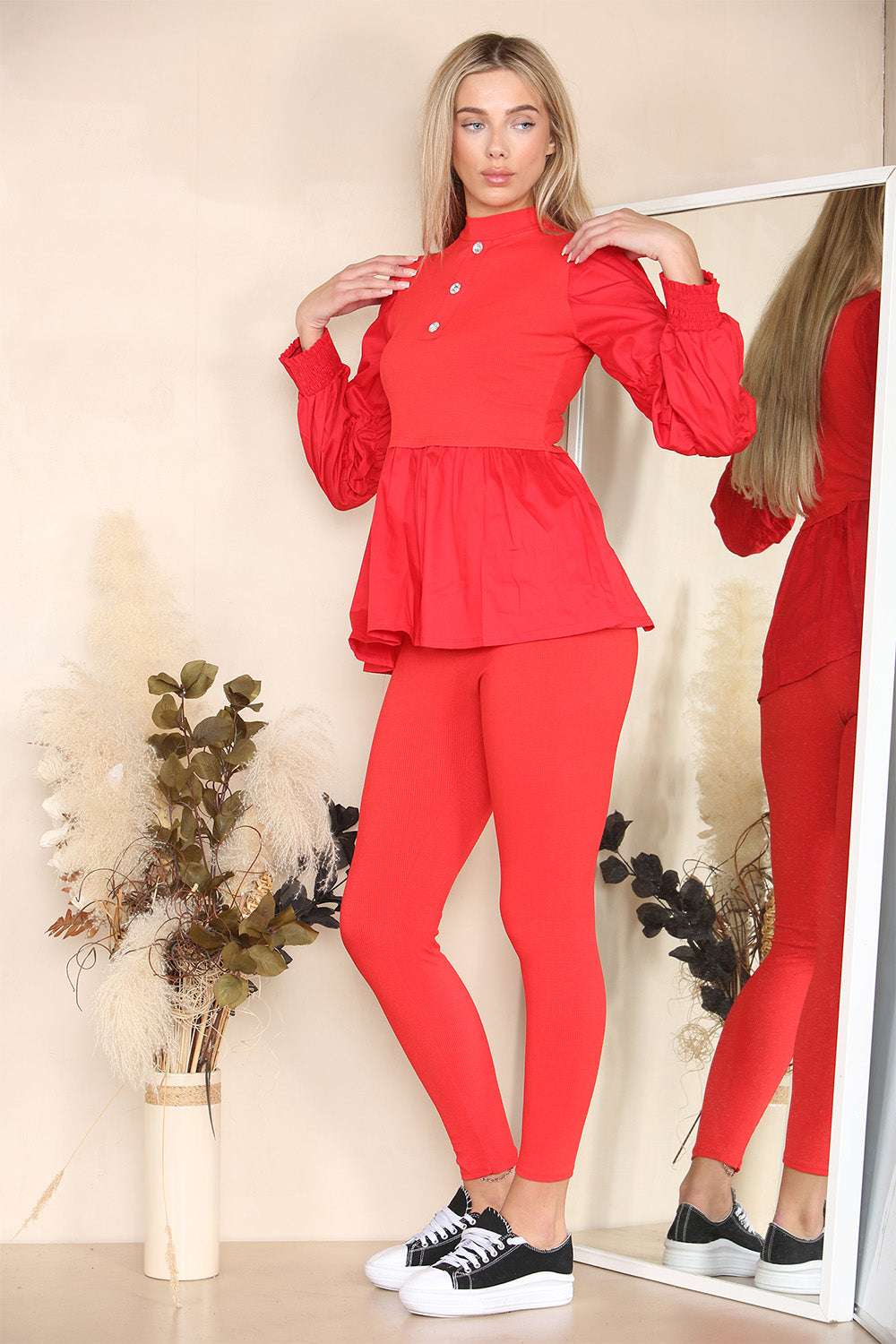 Ladies Ribbed Peplum Loungewear Set - Ruched Sleeves Diamond Button Detail