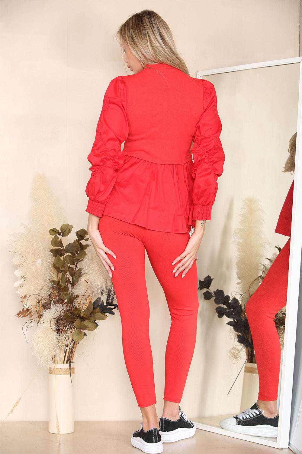 Ladies Ribbed Peplum Loungewear Set - Ruched Sleeves Diamond Button Detail