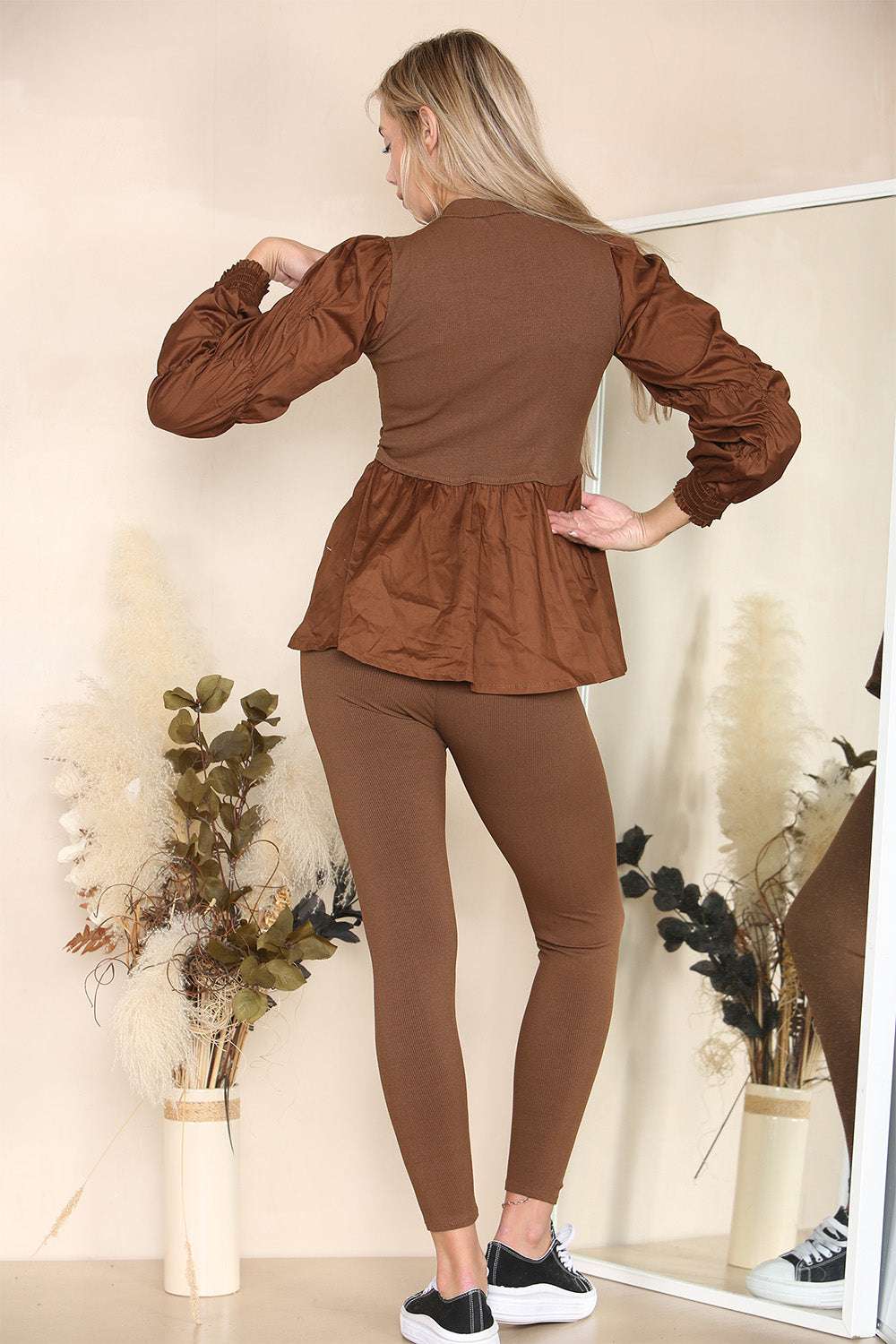 Ladies Ribbed Peplum Loungewear Set - Ruched Sleeves Diamond Button Detail