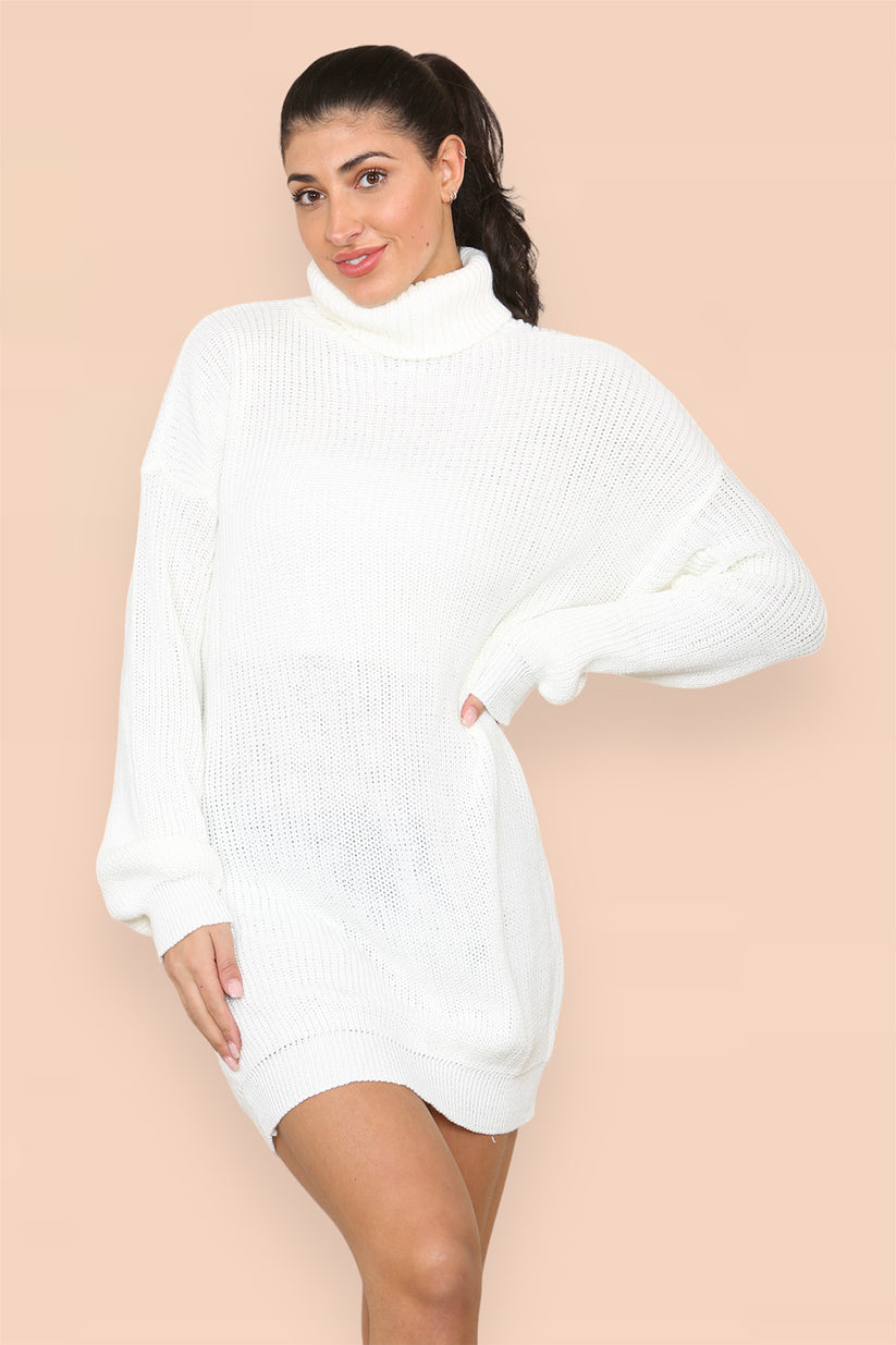 Ladies Oversized Polo Roll Neck Jumper Dress - Chunky Ribbed Knit