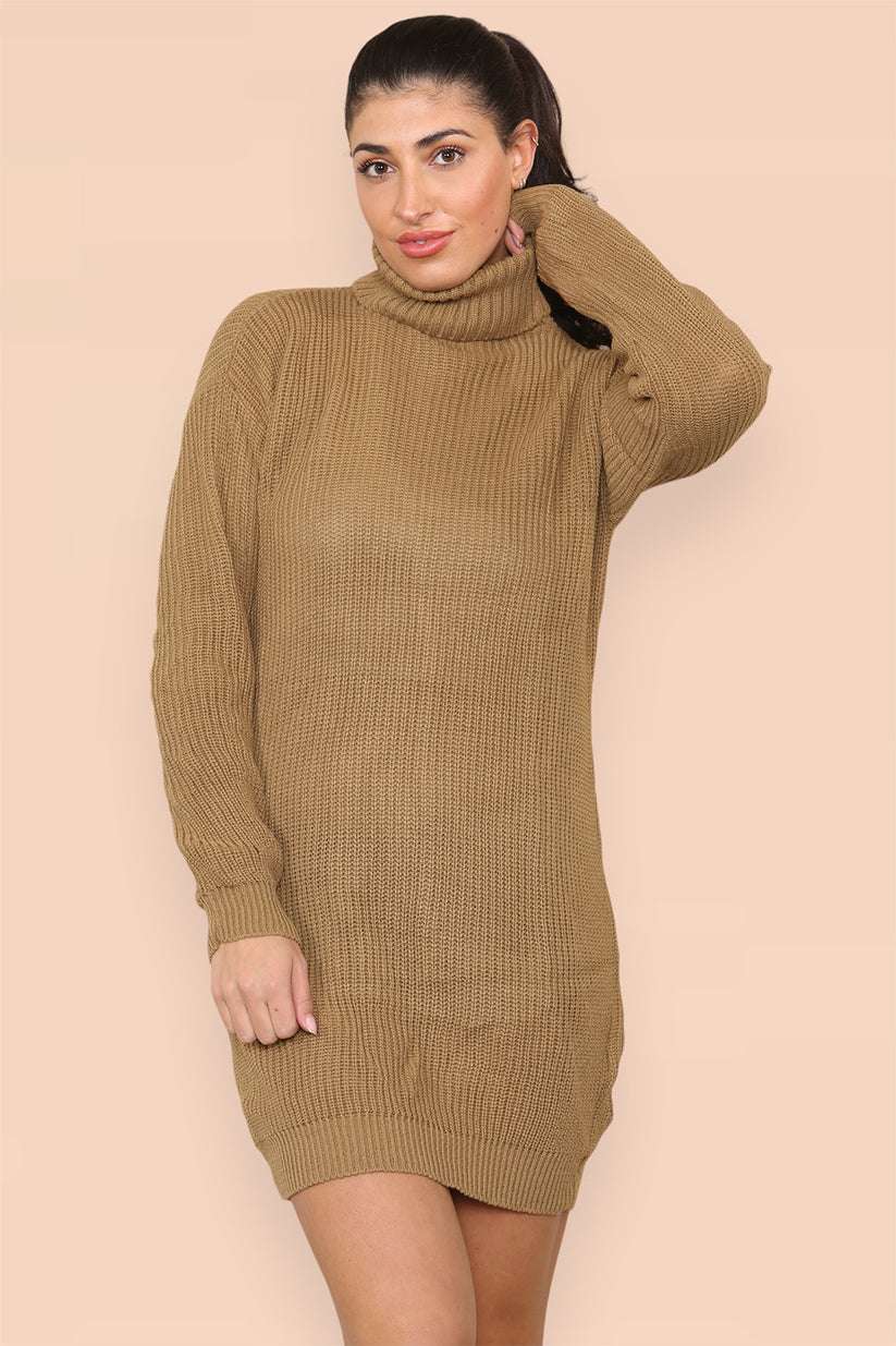 Ladies Oversized Polo Roll Neck Jumper Dress - Chunky Ribbed Knit