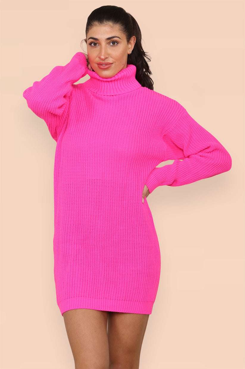 Ladies Oversized Polo Roll Neck Jumper Dress - Chunky Ribbed Knit