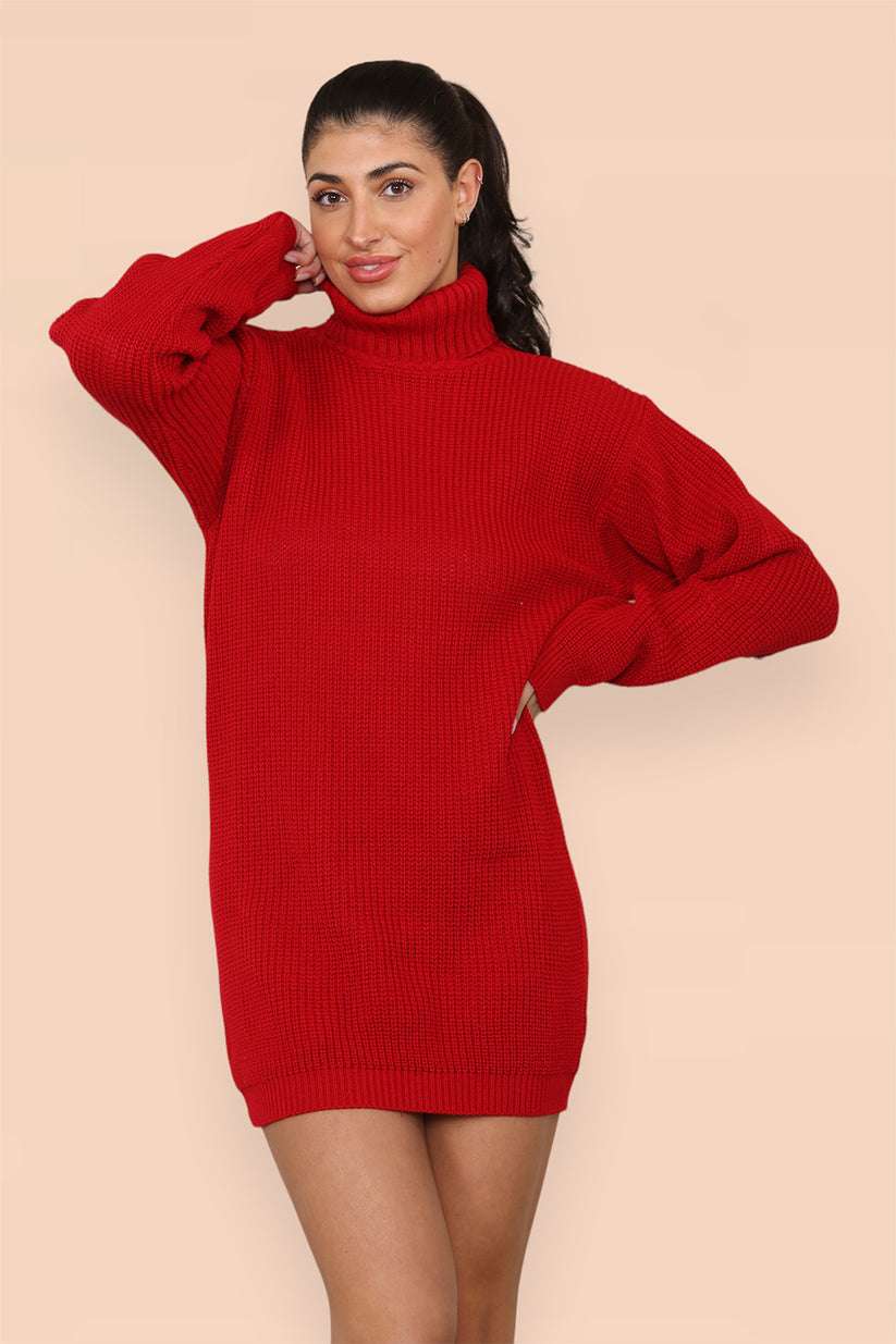 Ladies Oversized Polo Roll Neck Jumper Dress - Chunky Ribbed Knit