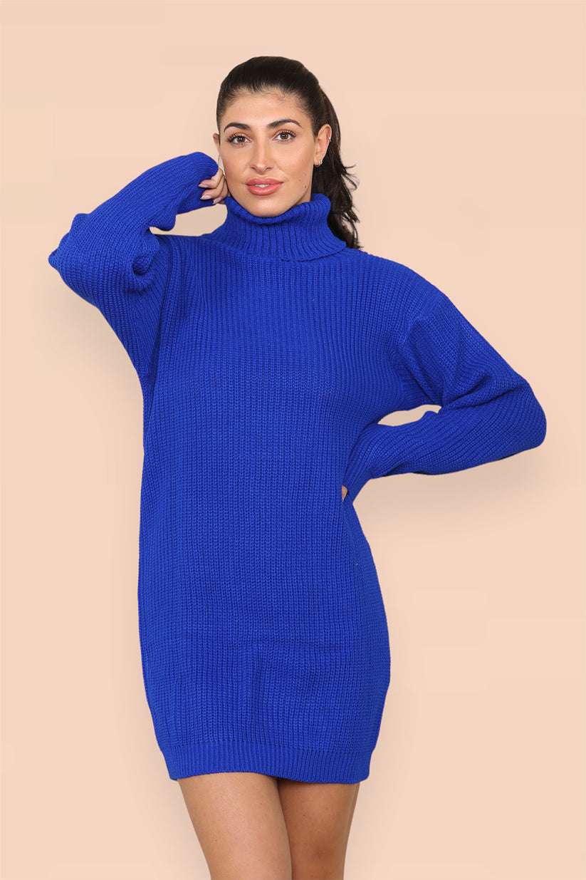 Ladies Oversized Polo Roll Neck Jumper Dress - Chunky Ribbed Knit