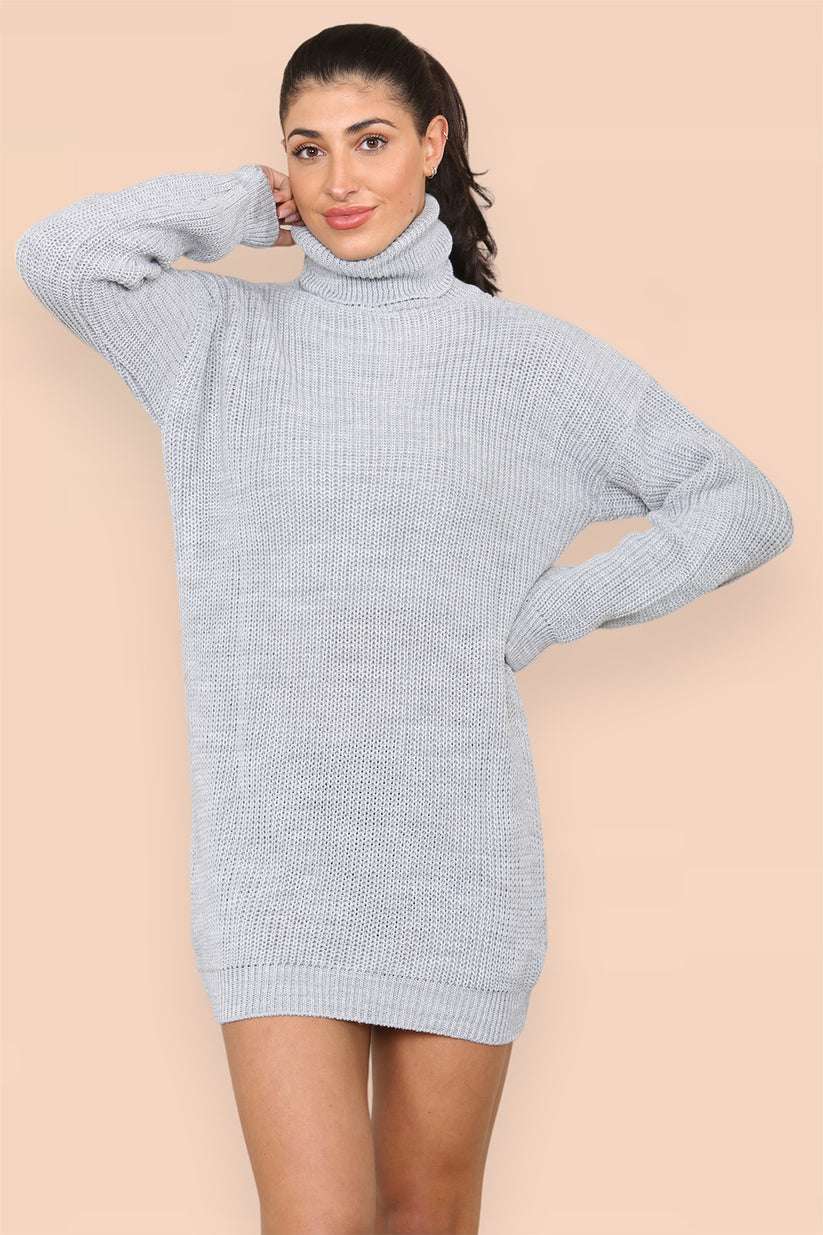 Ladies Oversized Polo Roll Neck Jumper Dress - Chunky Ribbed Knit