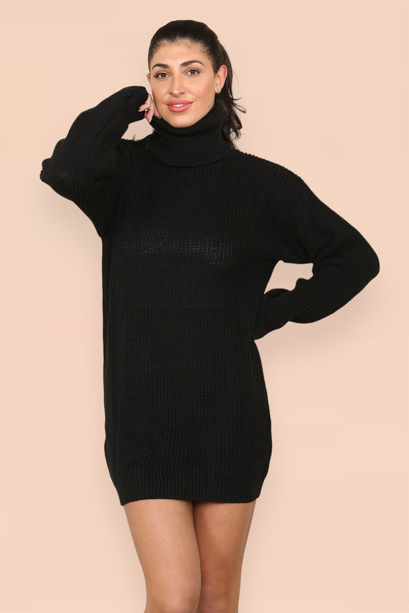 Ladies Oversized Polo Roll Neck Jumper Dress - Chunky Ribbed Knit