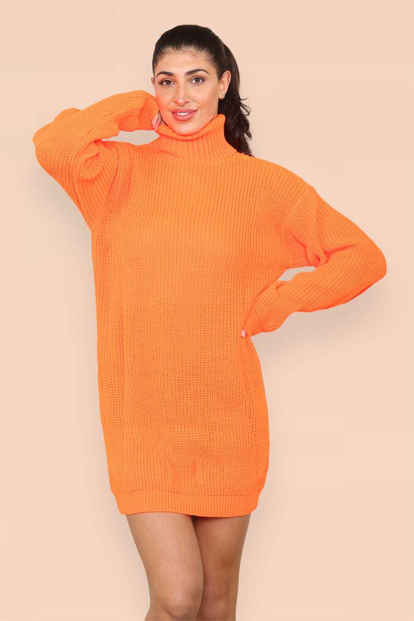 Ladies Oversized Polo Roll Neck Jumper Dress - Chunky Ribbed Knit