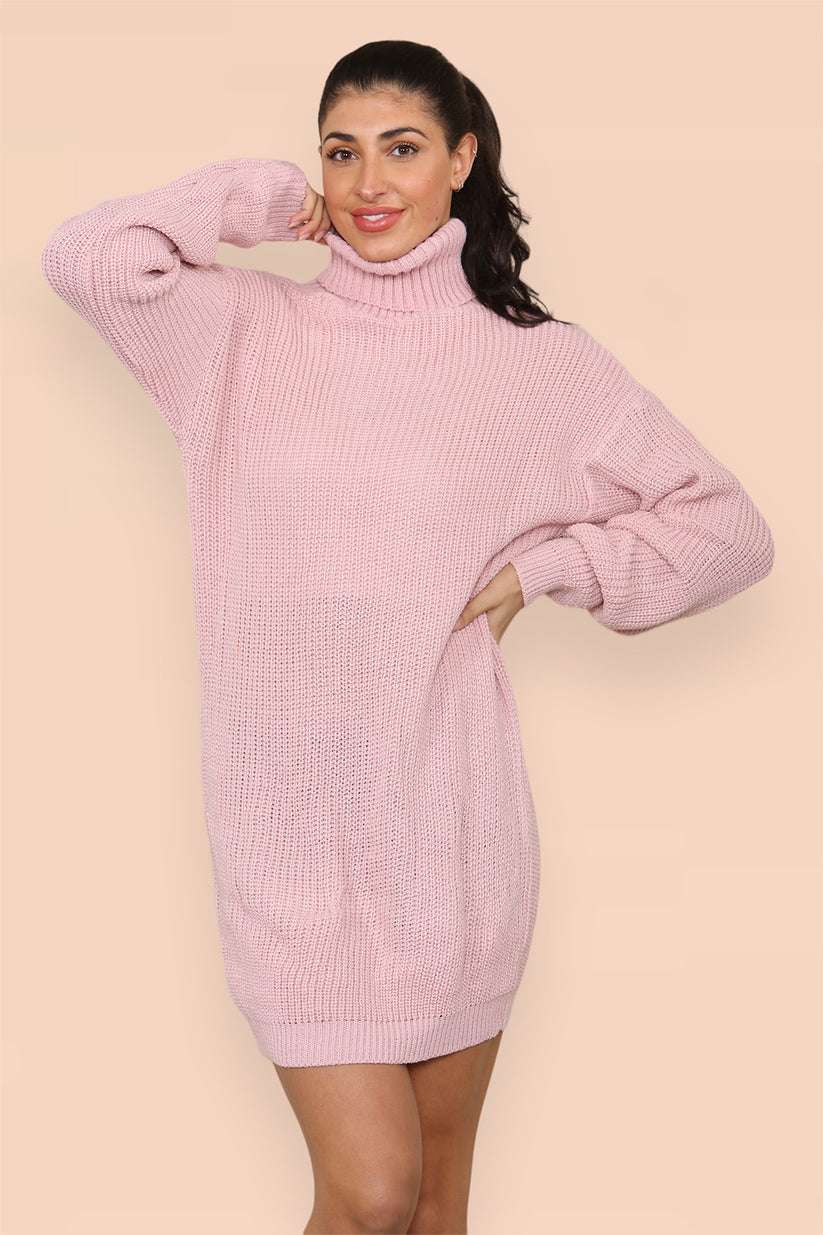 Ladies Oversized Polo Roll Neck Jumper Dress - Chunky Ribbed Knit