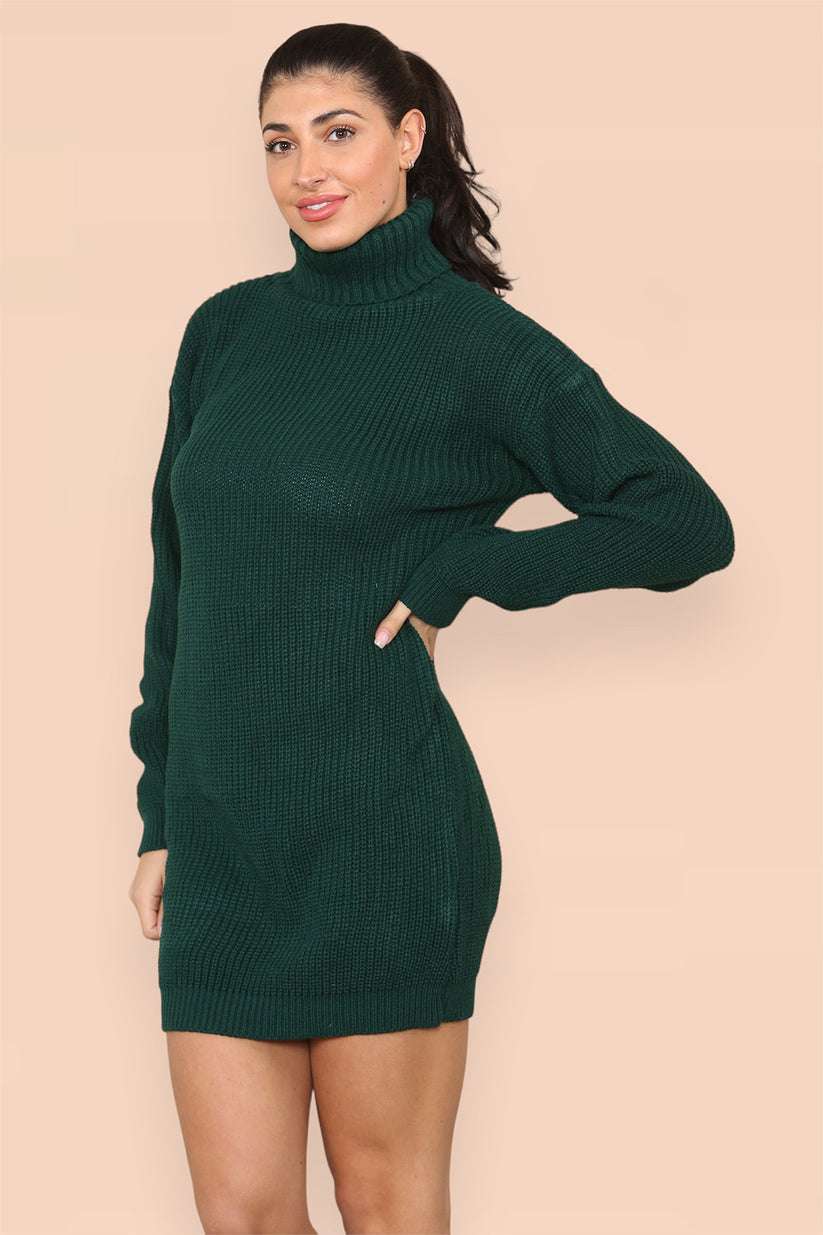 Ladies Oversized Polo Roll Neck Jumper Dress - Chunky Ribbed Knit