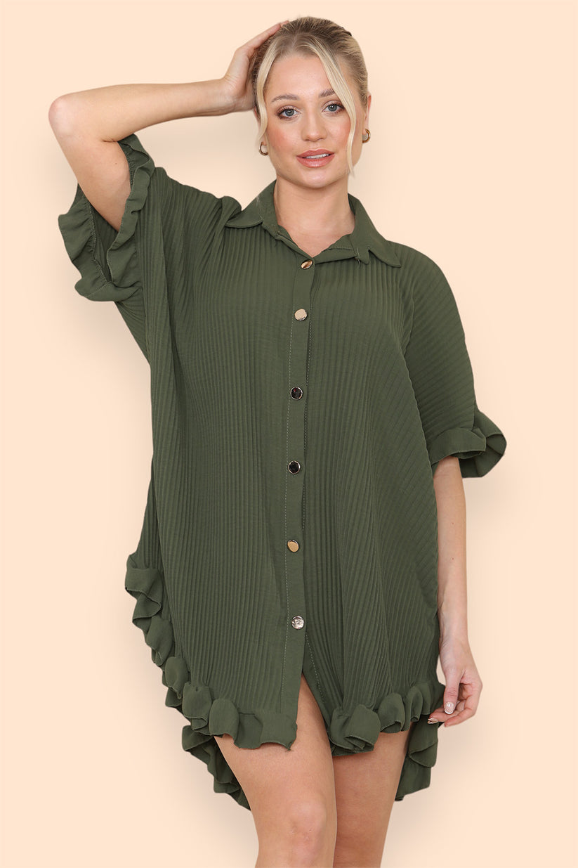 Ladies Oversized Italian Dress Top - Gold Button Pleated Frill Design