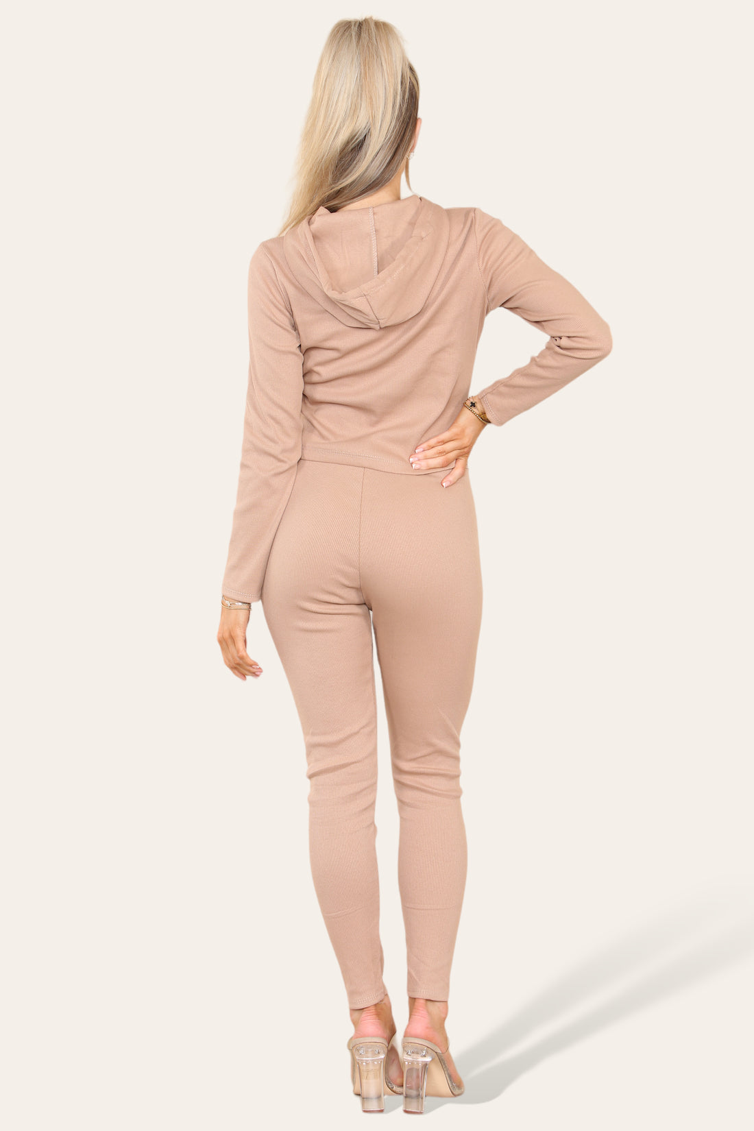Ladies Ribbed Hooded Zip Up Loungewear Set - Front Pocket Two Piece