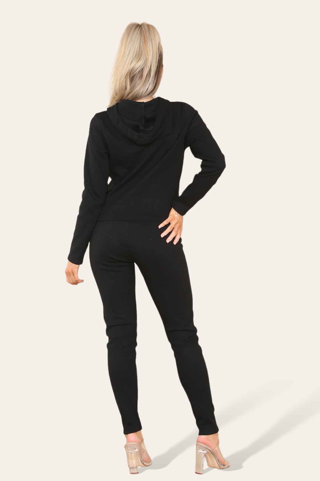 Ladies Ribbed Hooded Zip Up Loungewear Set - Front Pocket Two Piece