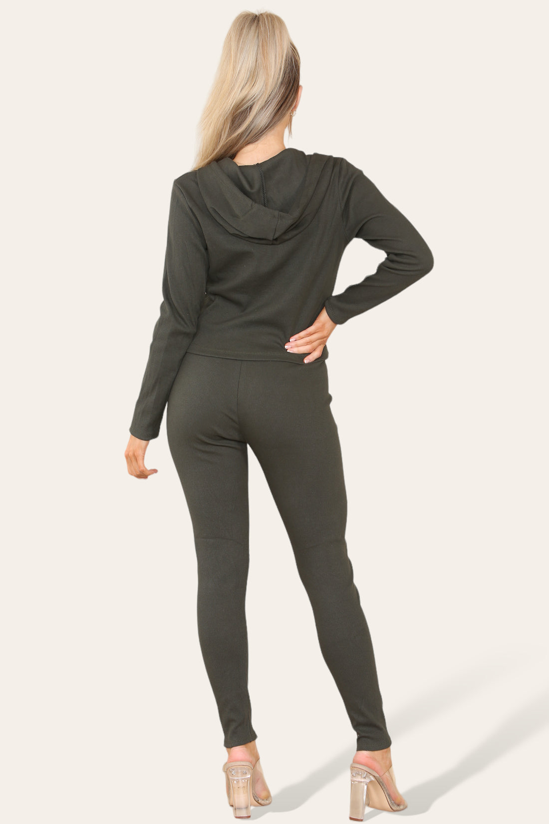 Ladies Ribbed Hooded Zip Up Loungewear Set - Front Pocket Two Piece