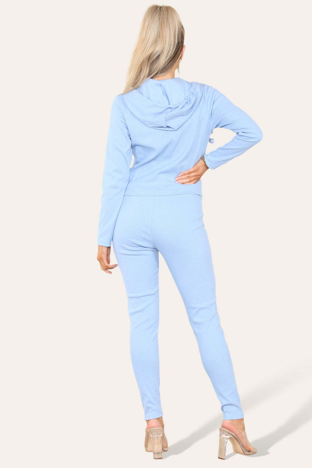 Ladies Ribbed Hooded Zip Up Loungewear Set - Front Pocket Two Piece