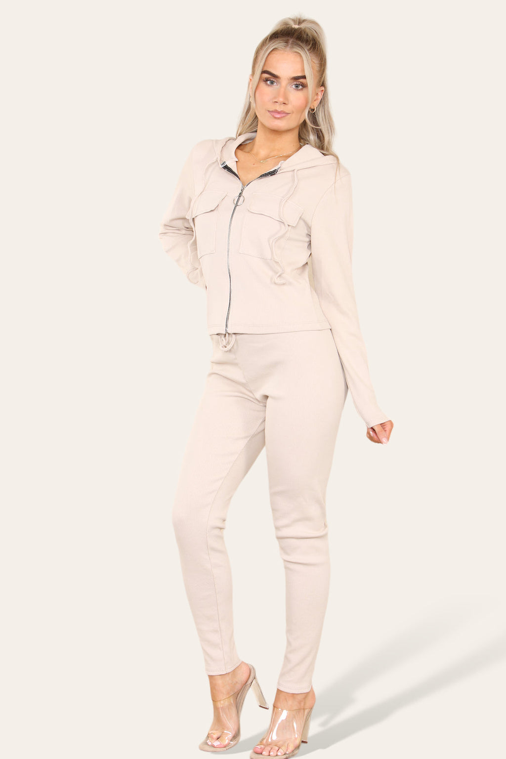 Ladies Ribbed Hooded Zip Up Loungewear Set - Front Pocket Two Piece