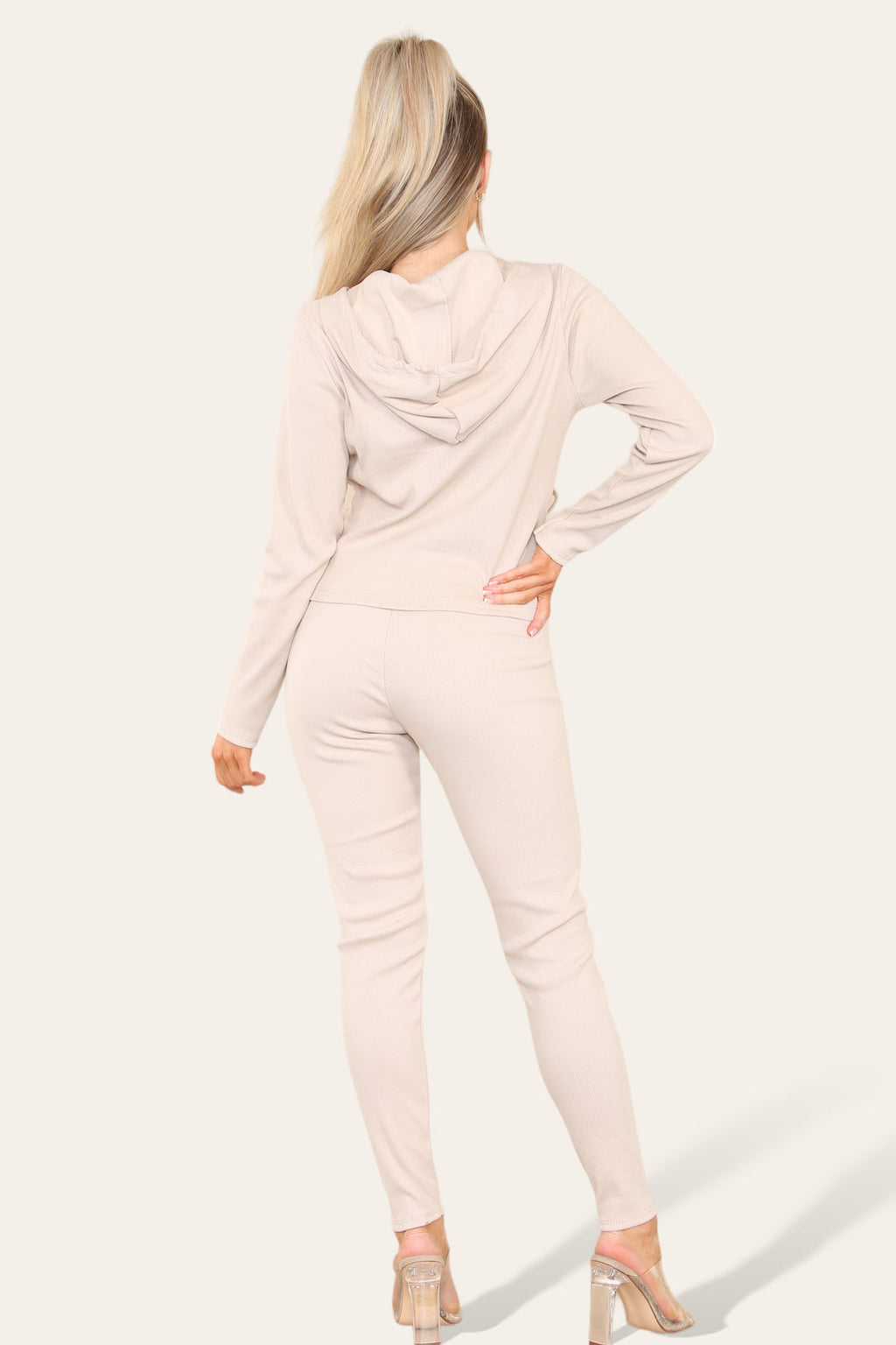 Ladies Ribbed Hooded Zip Up Loungewear Set - Front Pocket Two Piece