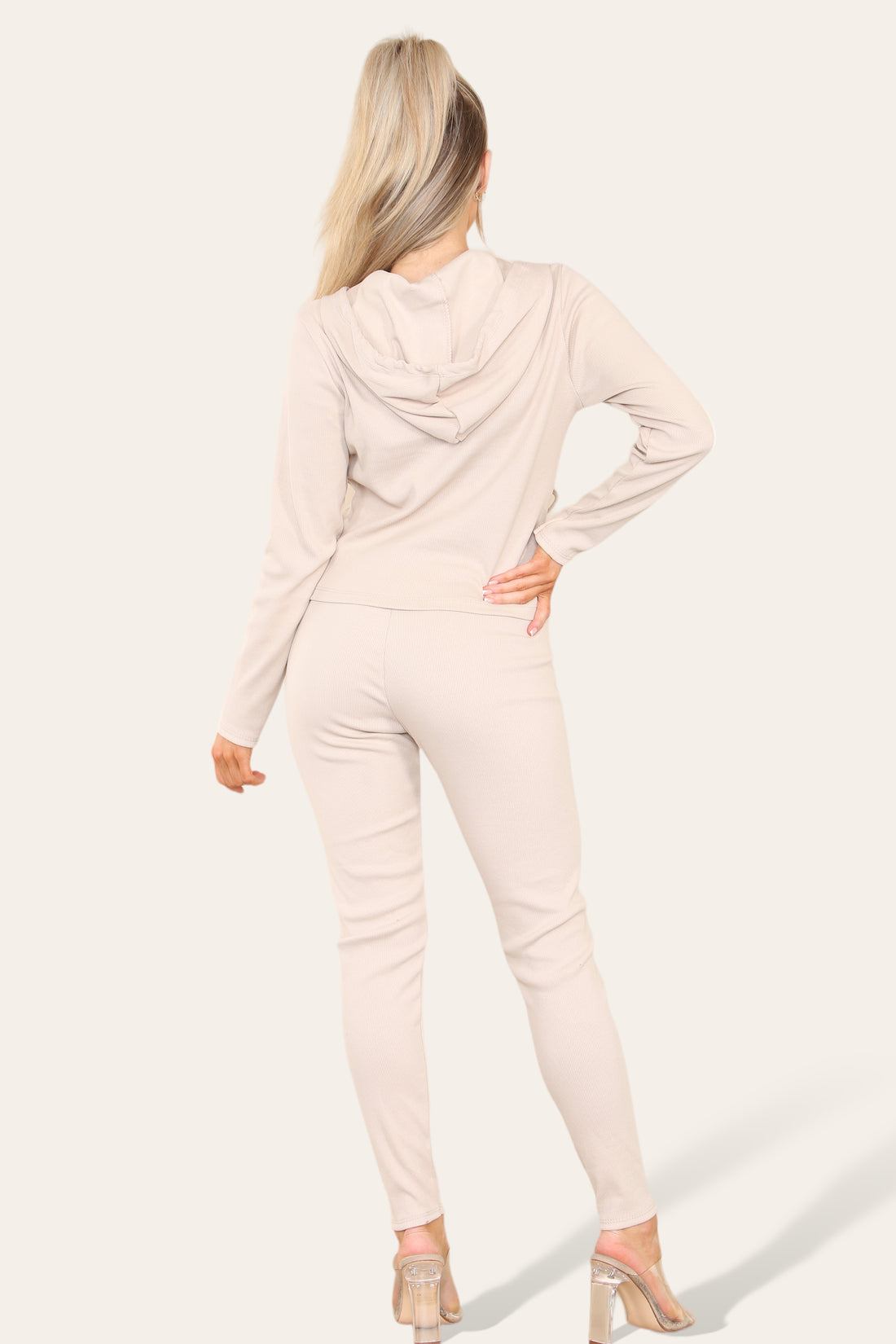 Ladies Ribbed Hooded Zip Up Loungewear Set - Front Pocket Two Piece