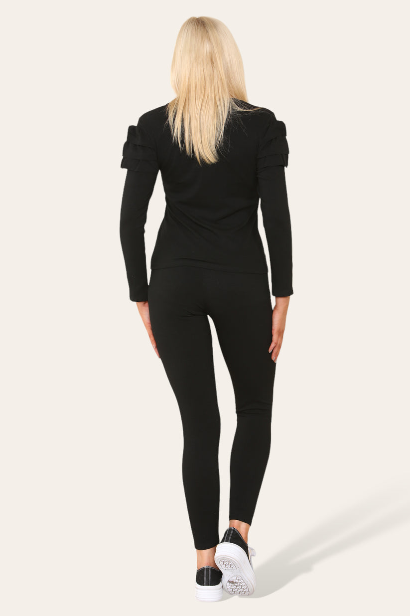 Ladies Frill Sleeve Loungewear Set - Gold Shoulder Button Detail