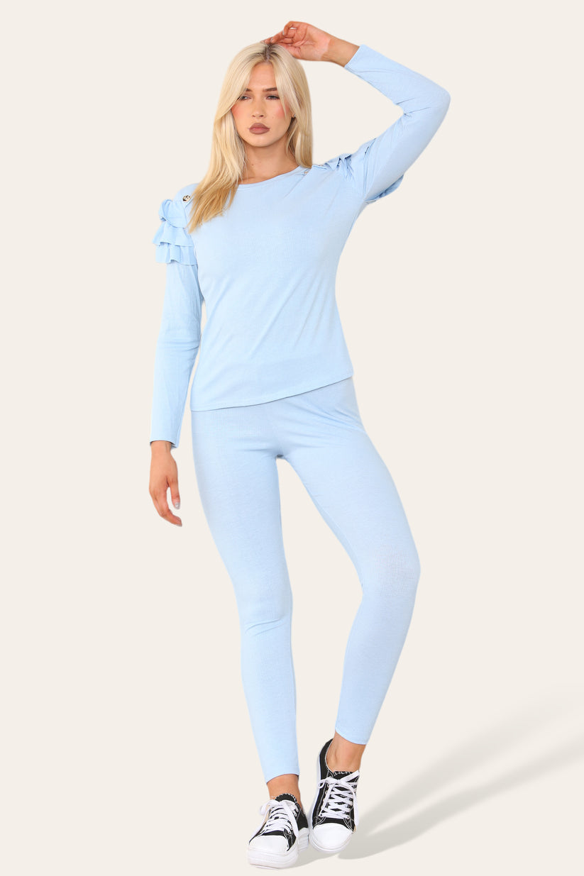 Ladies Frill Sleeve Loungewear Set - Gold Shoulder Button Detail