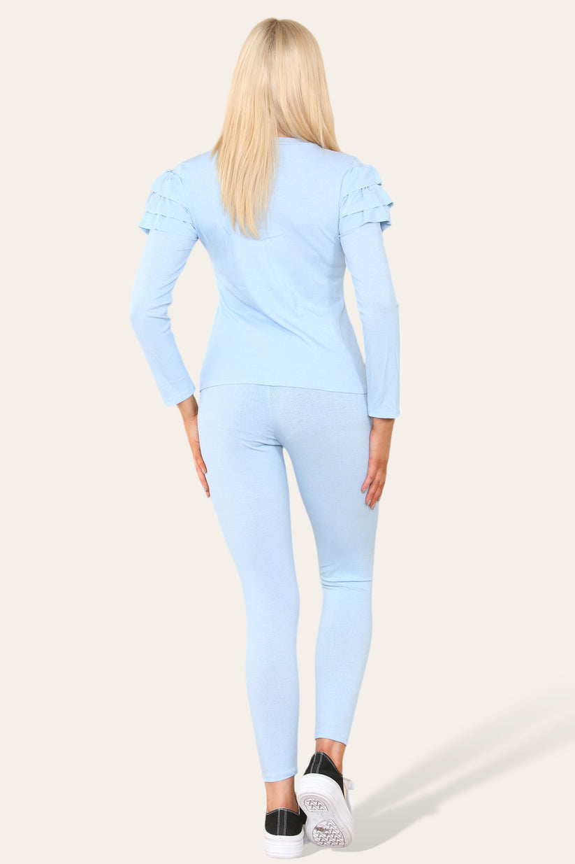 Ladies Frill Sleeve Loungewear Set - Gold Shoulder Button Detail