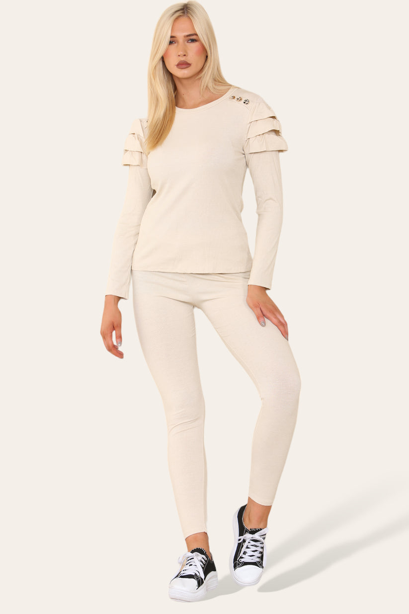 Ladies Frill Sleeve Loungewear Set - Gold Shoulder Button Detail