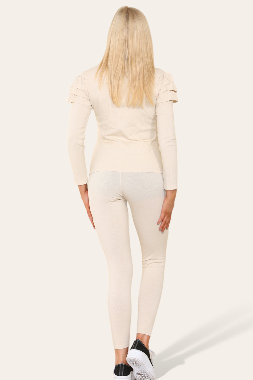 Ladies Frill Sleeve Loungewear Set - Gold Shoulder Button Detail