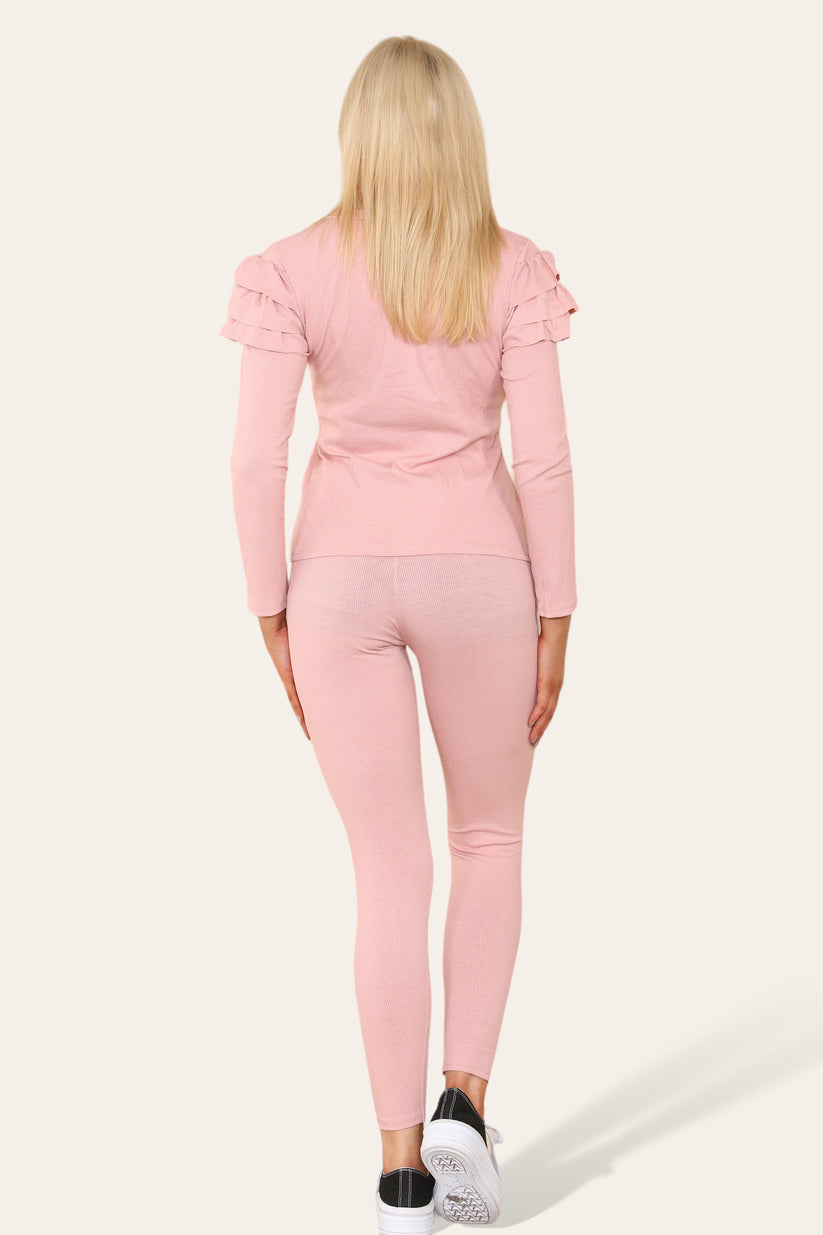 Ladies Frill Sleeve Loungewear Set - Gold Shoulder Button Detail