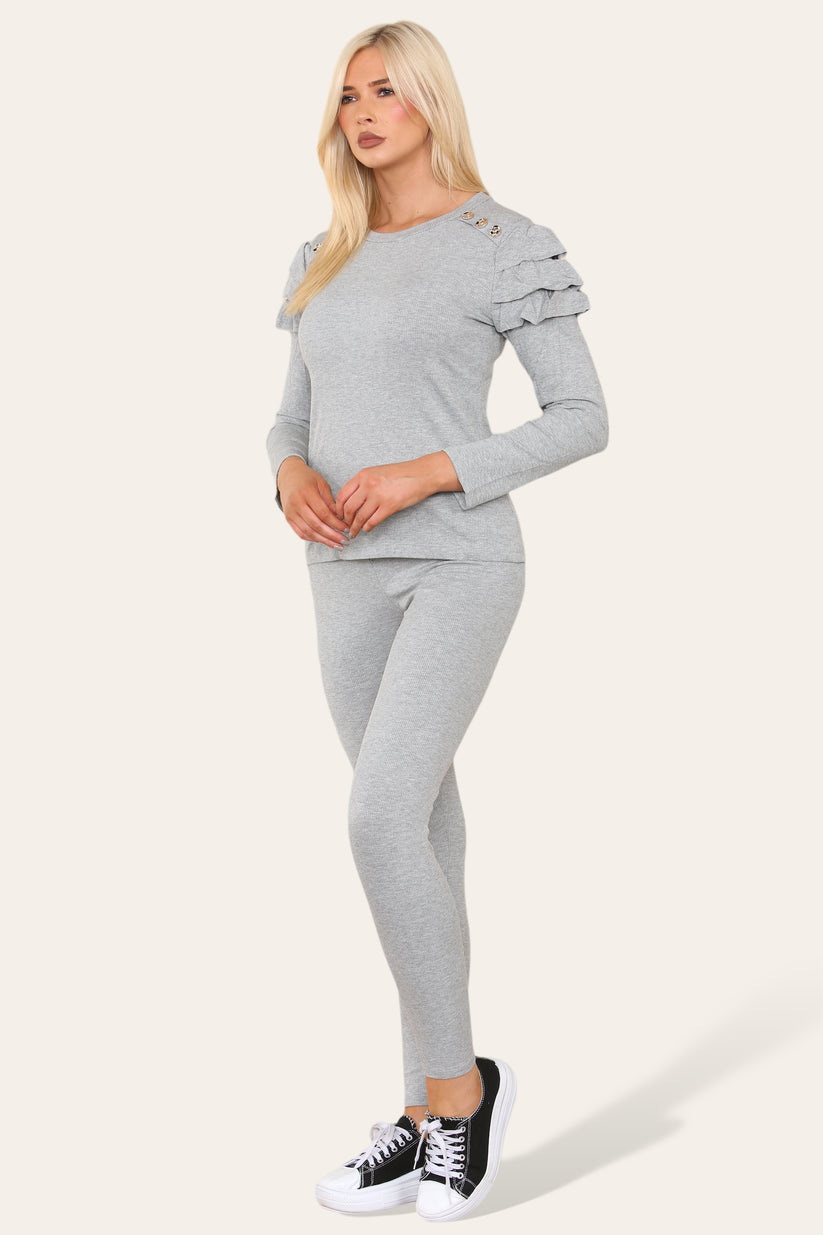 Ladies Frill Sleeve Loungewear Set - Gold Shoulder Button Detail