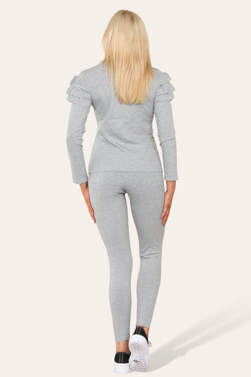 Ladies Frill Sleeve Loungewear Set - Gold Shoulder Button Detail