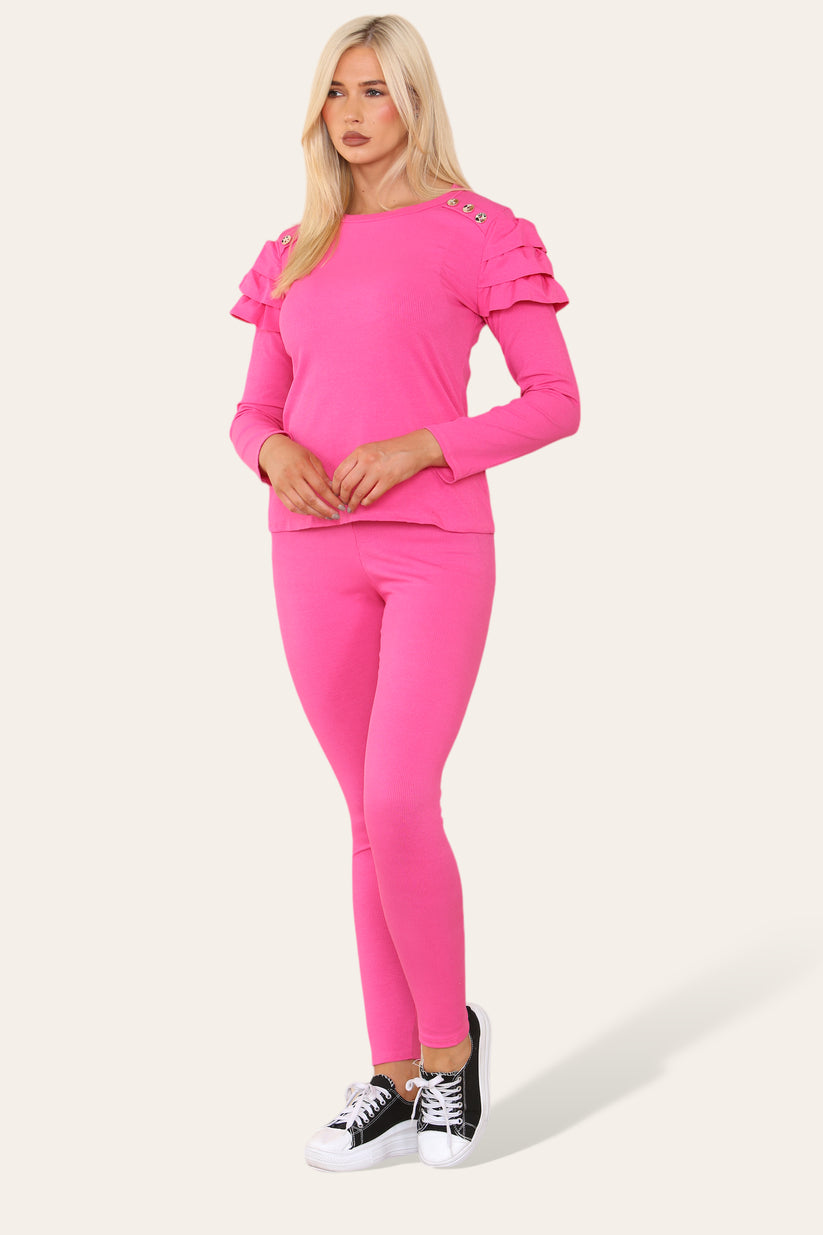 Ladies Frill Sleeve Loungewear Set - Gold Shoulder Button Detail