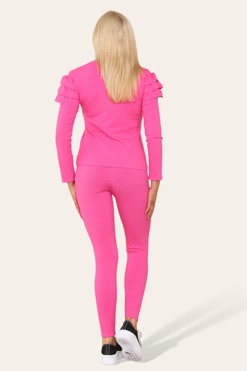 Ladies Frill Sleeve Loungewear Set - Gold Shoulder Button Detail