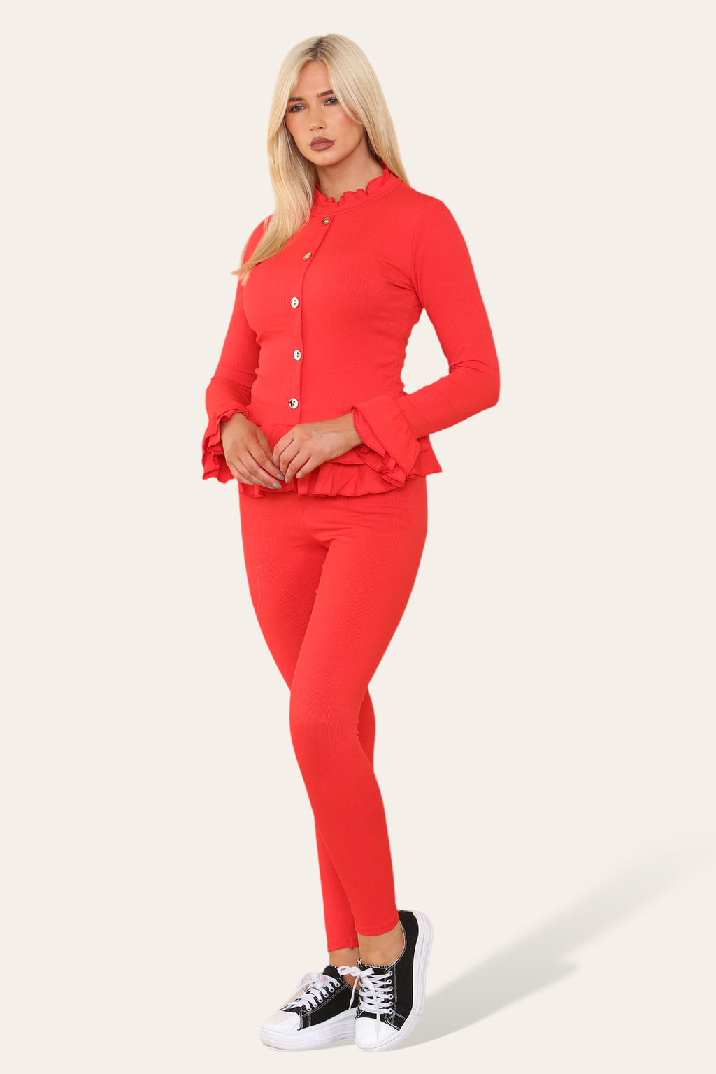 Ladies Peplum Loungewear Set - Long Sleeve Button Front with Frilled Hem
