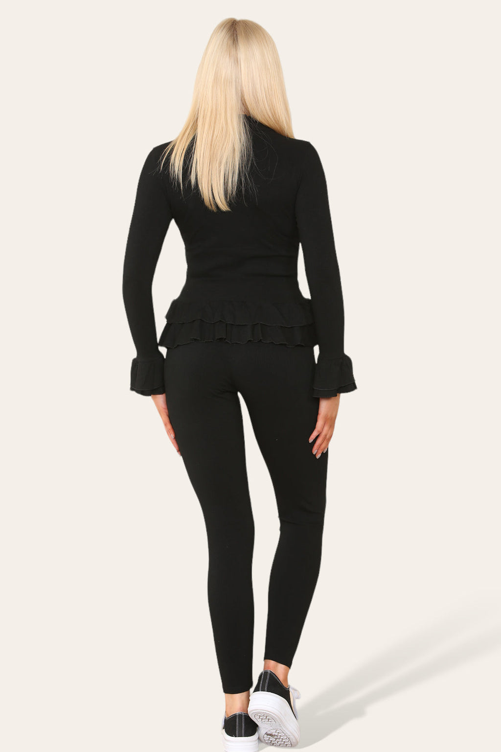 Ladies Peplum Loungewear Set - Long Sleeve Button Front with Frilled Hem