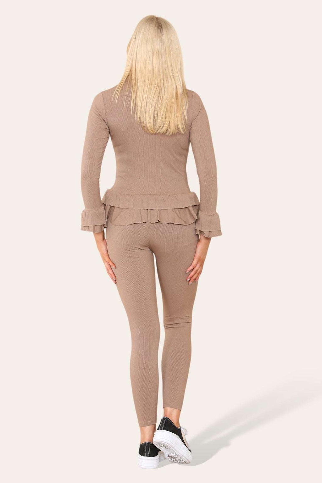 Ladies Peplum Loungewear Set - Long Sleeve Button Front with Frilled Hem