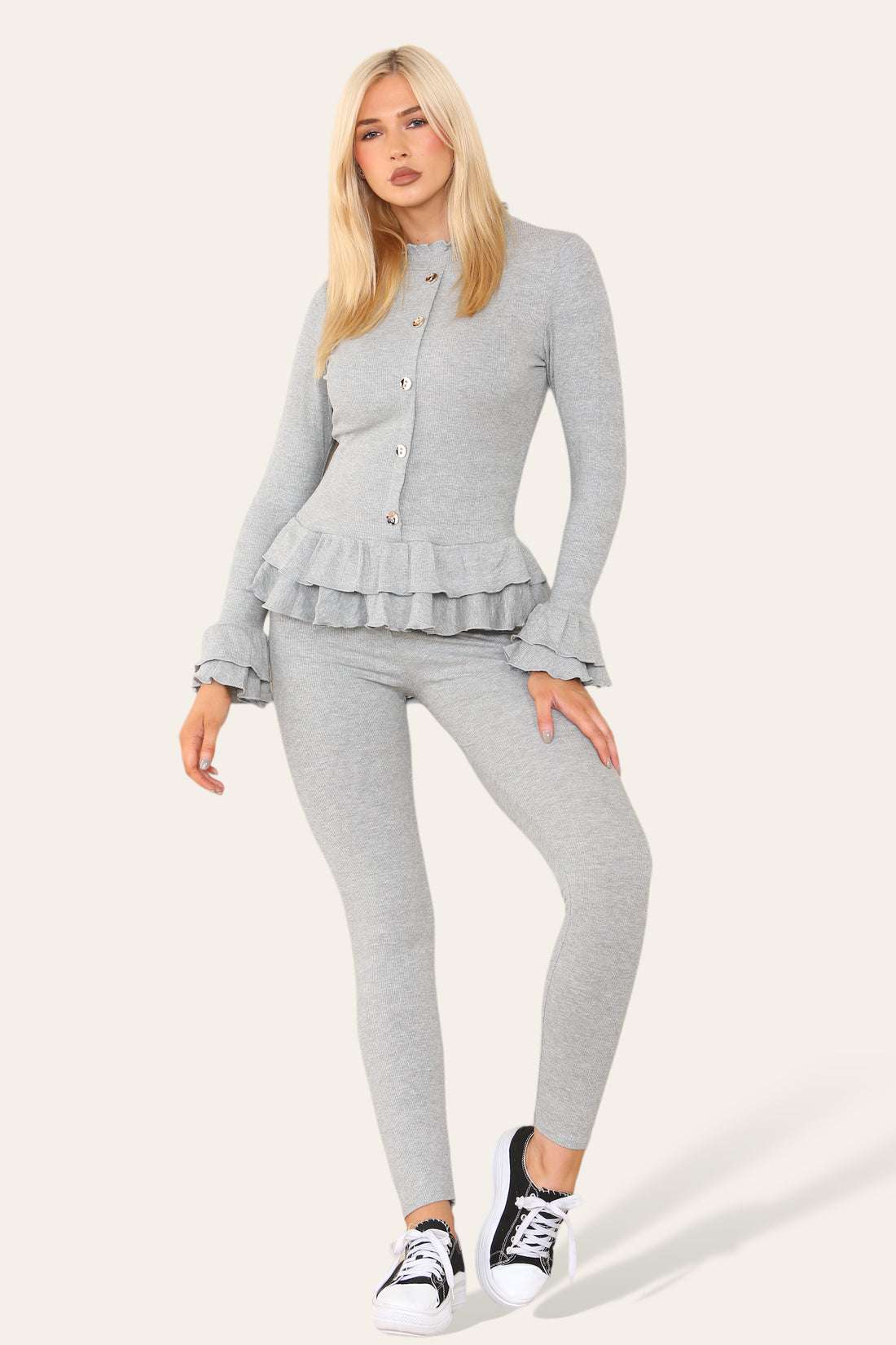 Ladies Peplum Loungewear Set - Long Sleeve Button Front with Frilled Hem