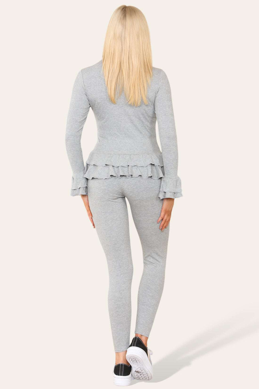 Ladies Peplum Loungewear Set - Long Sleeve Button Front with Frilled Hem