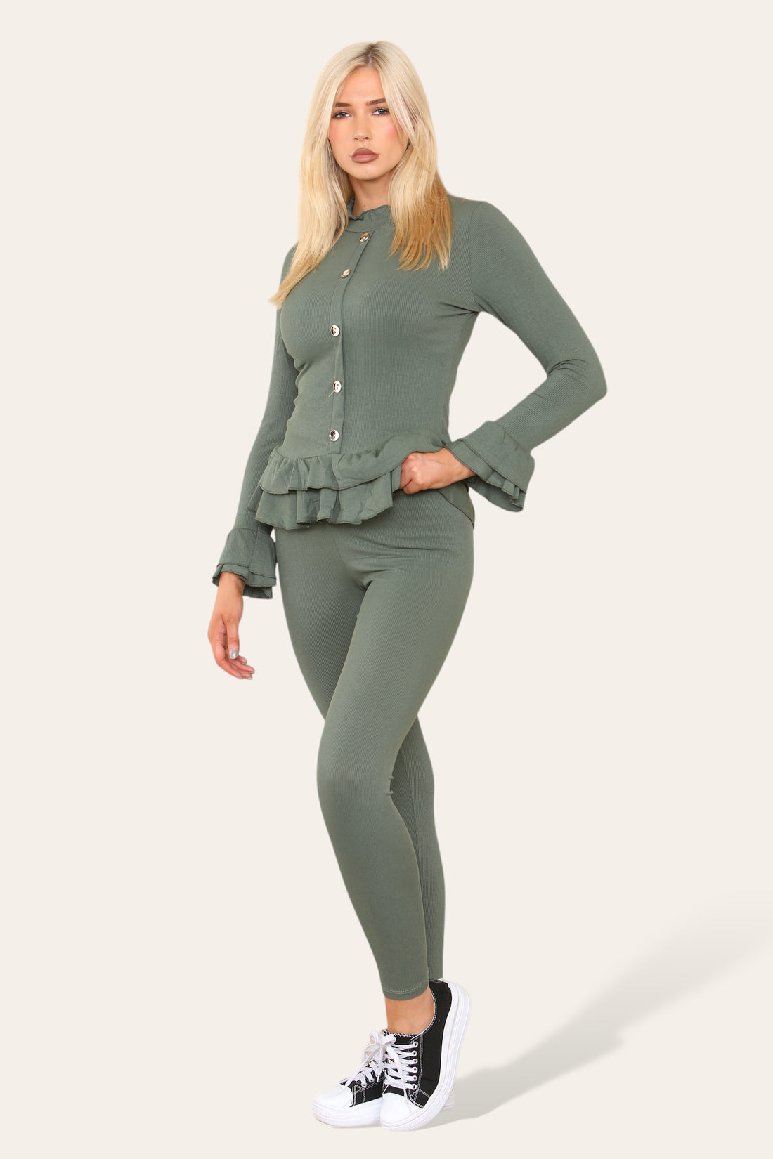 Ladies Peplum Loungewear Set - Long Sleeve Button Front with Frilled Hem