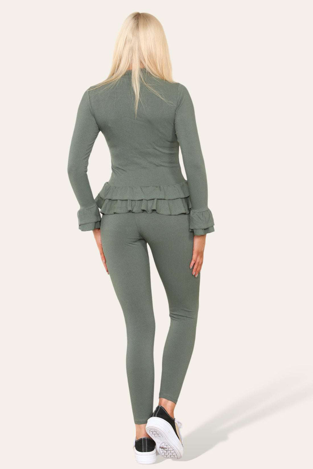 Ladies Peplum Loungewear Set - Long Sleeve Button Front with Frilled Hem