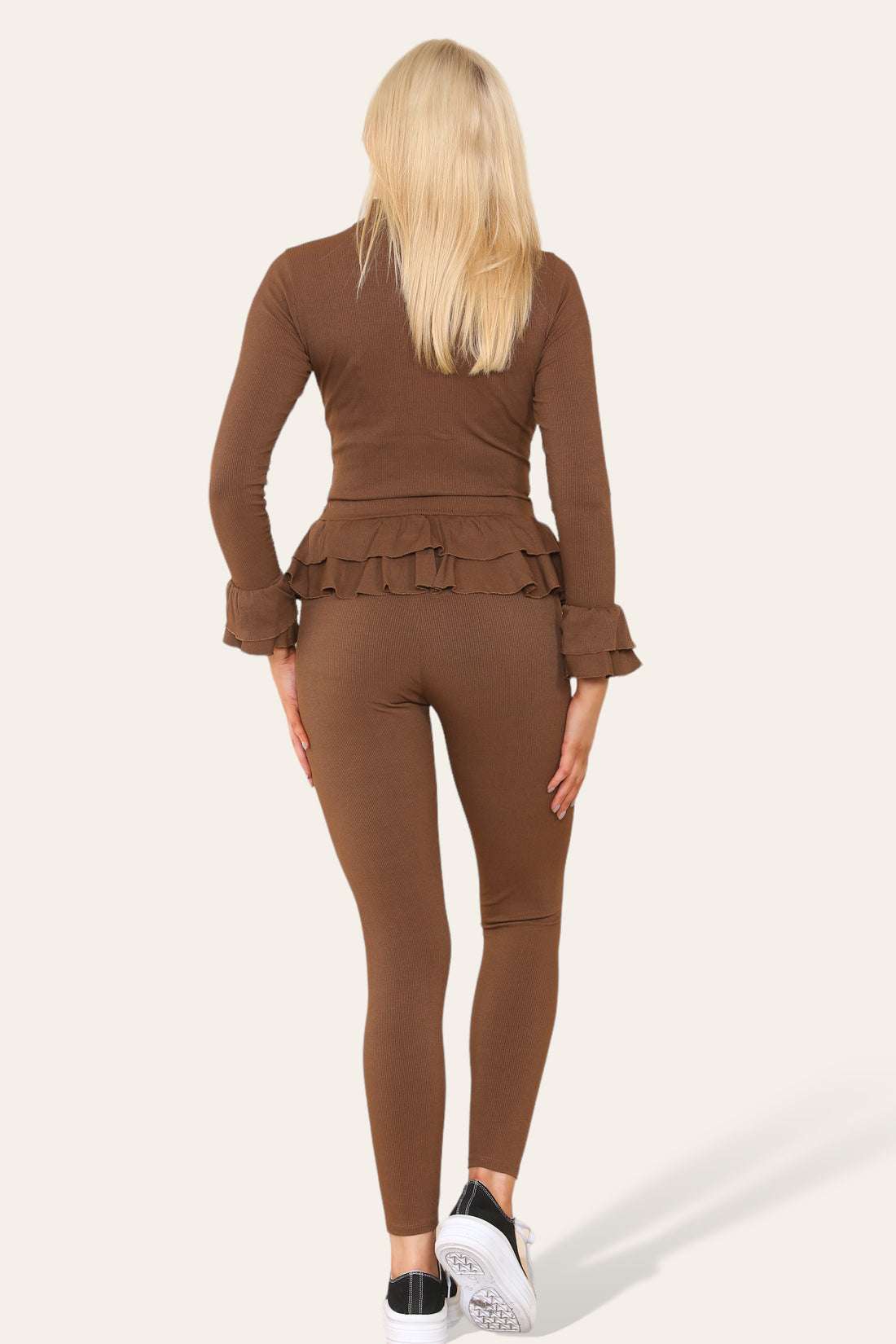 Ladies Peplum Loungewear Set - Long Sleeve Button Front with Frilled Hem