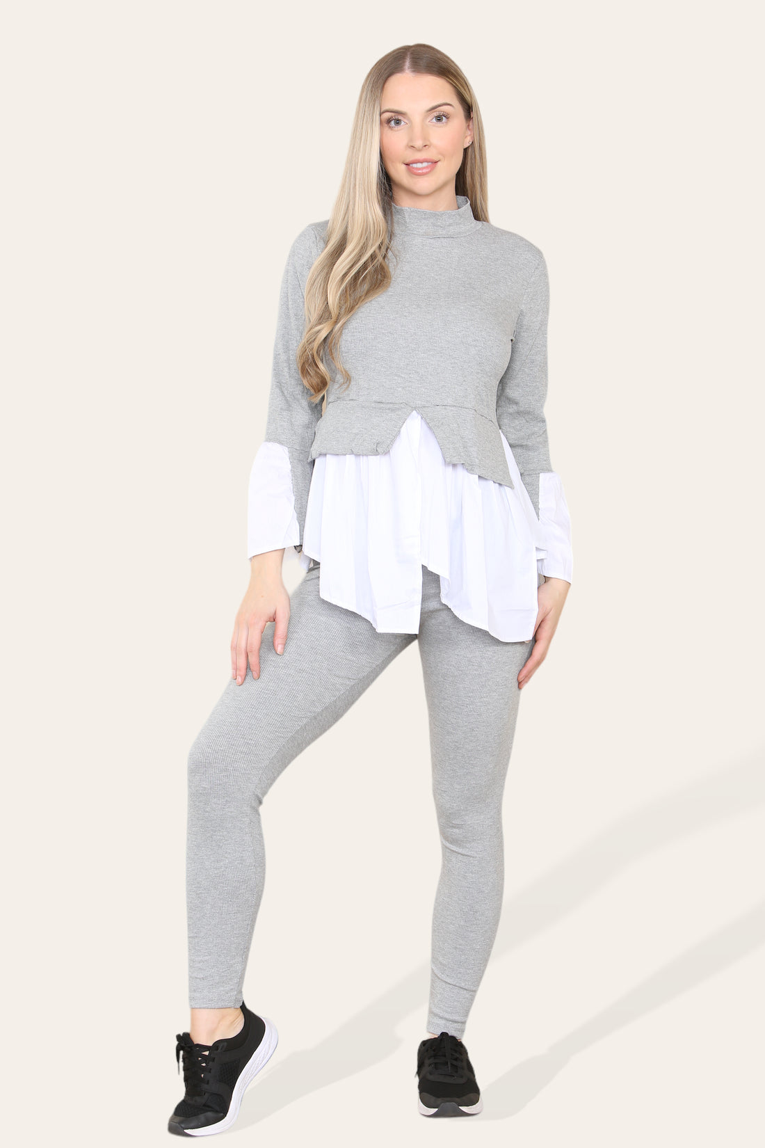 Ladies Ribbed Flared Shirt & Leggings Co-Ord Set - Loungewear Two Piece