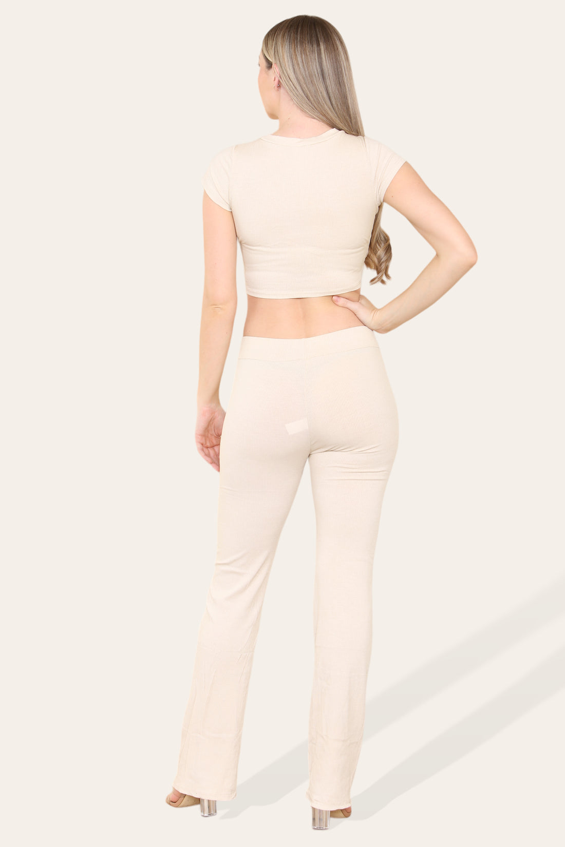 Ladies Tie Belt Cropped Top & Ribbed Trousers Set - Loungewear Two Piece