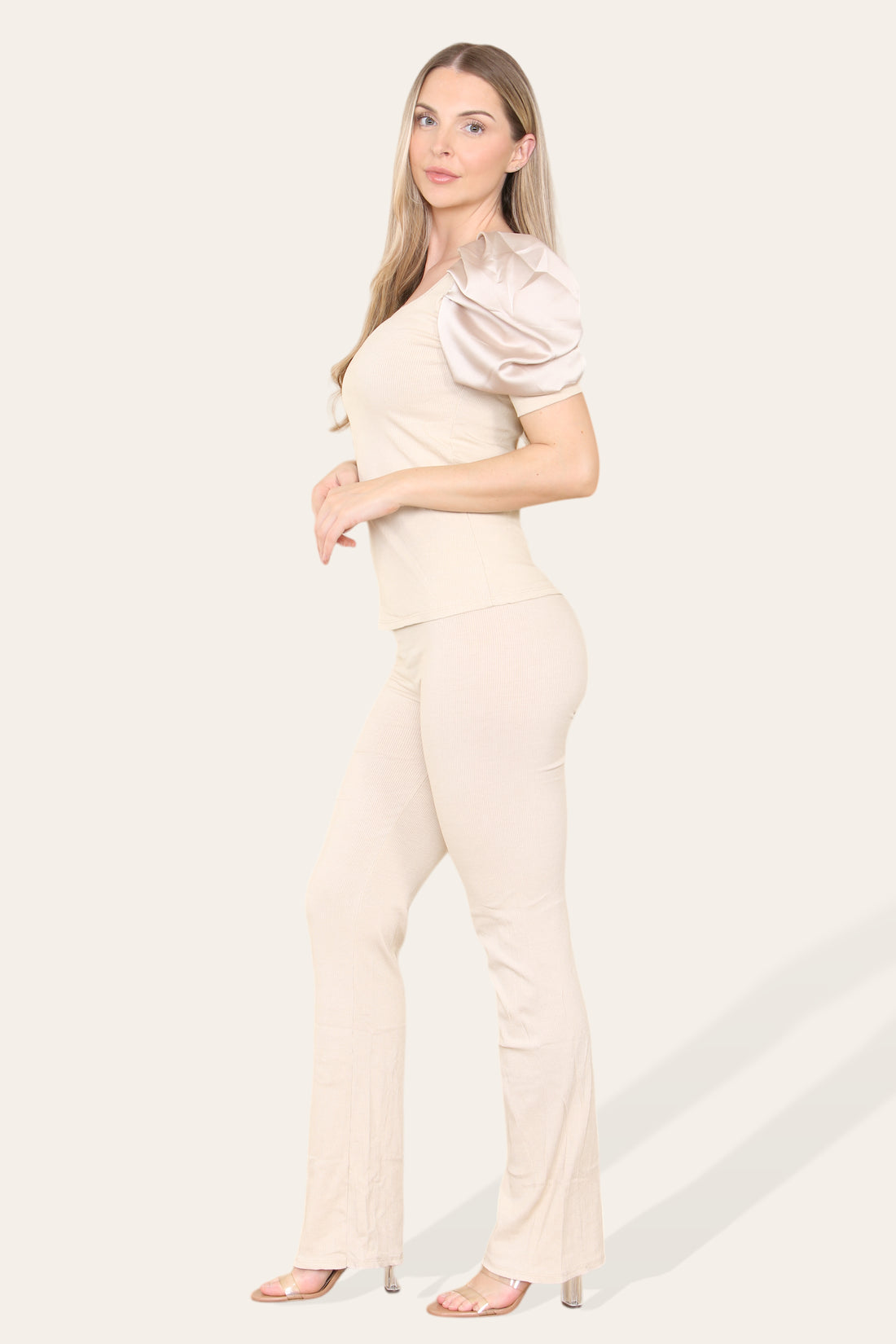 Ladies Silky Satin Puff Sleeves Loungewear Set - Ribbed Two Piece